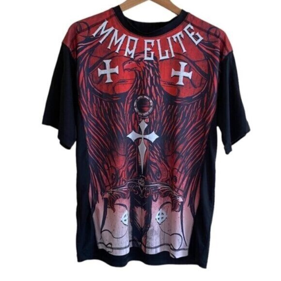 Vintage MMA Elite Full Graphic Polyester Short Sleeve Shirt Men Medium Cross Y2K - Picture 1 of 10